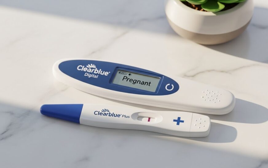 A 3D illustration of Clearblue digital and manual pregnancy tests showing positive results on a clean bathroom counter.