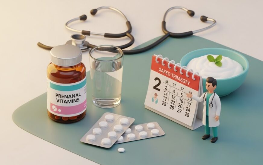 3D medical illustration showing metronidazole antibiotic tablets next to prenatal vitamins and healthy probiotics for pregnancy safety.