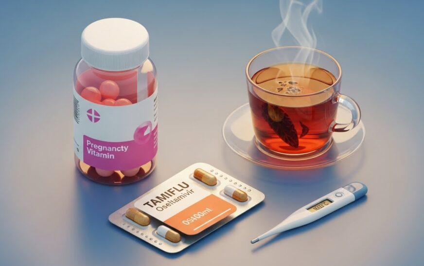 A 3D medical illustration showing flu medication and supportive care items for pregnancy safety.